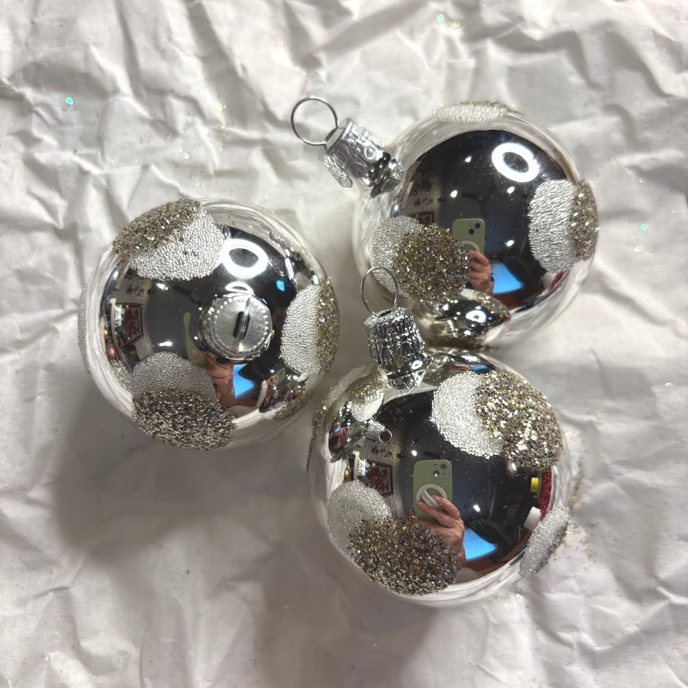 Crate & Barrel White Gold Glitter Polka Dot Shiny Glass Christmas Ornament Set